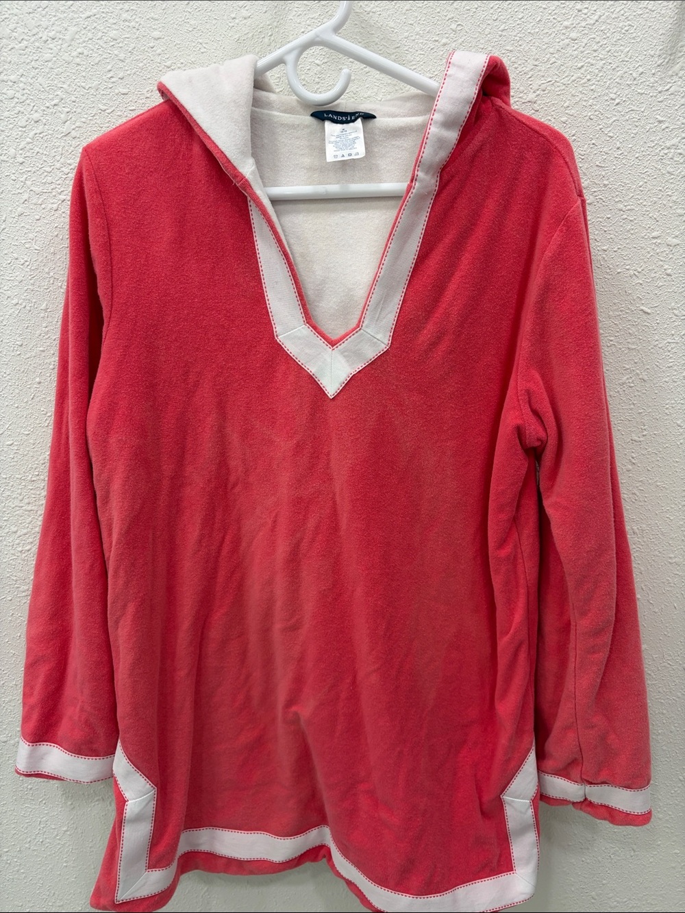 Lands' End Coral V-Neck Terry Cloth/ Towel Swim Cover Pullover